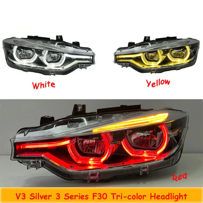 BMW 3 Series F30 / F31 / F35 V3 Silver Tri-Color LED Headlight Assembly (White / Yellow / Red DRL / LCI Style Look) 2012 - 2018