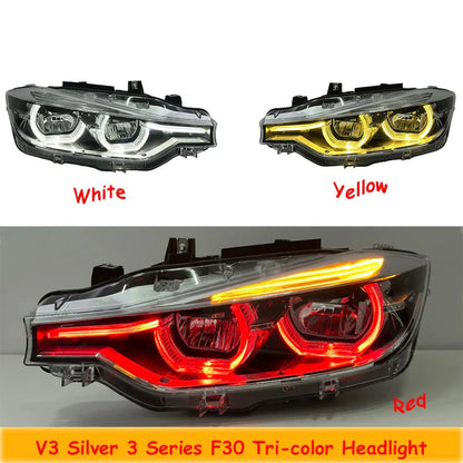 BMW 3 Series F30 / F31 / F35 V3 Silver Tri-Color LED Headlight Assembly (White / Yellow / Red DRL / LCI Style Look) 2012 - 2018