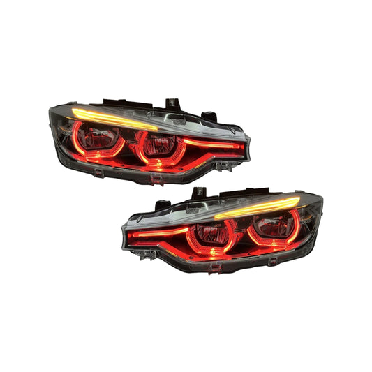 BMW 3 Series F30 / F31 / F35 V3 Silver Tri-Color LED Headlight Assembly (White / Yellow / Red DRL / LCI Style Look) 2012 - 2018