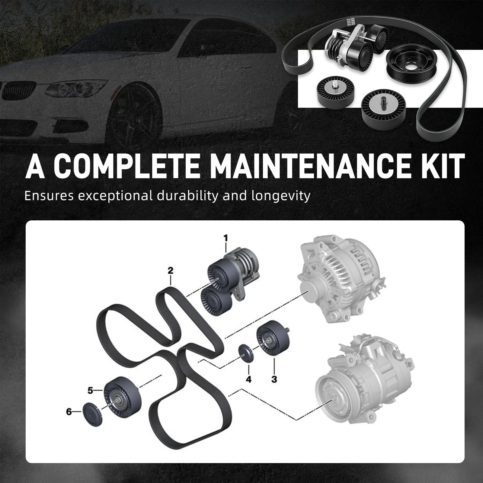 BMW N54 Engine Drive Belt Tensioner & Idler Pulley Kit with Billet Aluminum Power Steering Pulley