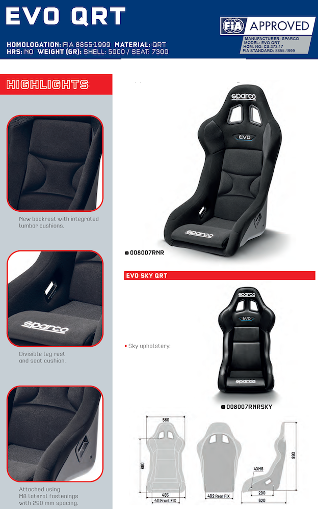 Sparco EVO QRT Racing Seat | Small, Med, Large or XL