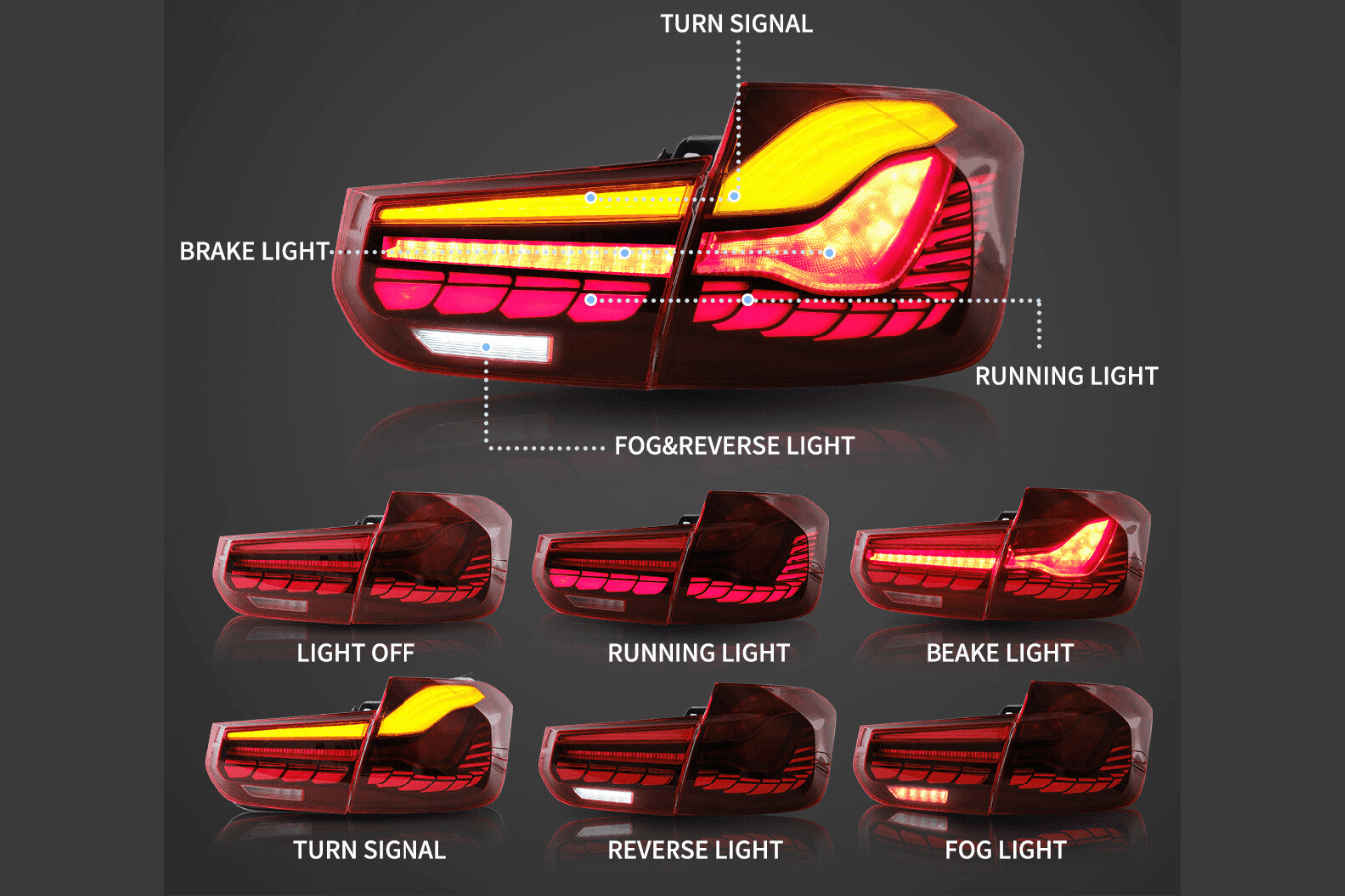 BMW 3-Series 6th Gen F30 F35 F80 GTS Style -Red or Smoked- OLED Dynamic Tail Lights (2012-2019)