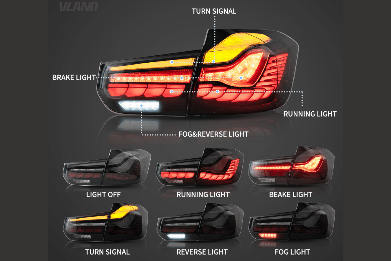 BMW 3-Series 6th Gen F30 F35 F80 GTS Style -Red or Smoked- OLED Dynamic Tail Lights (2012-2019)